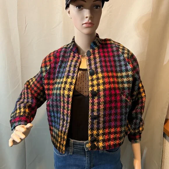 Doncaster Multicolor Plaid Cropped Jacket Blazer Wool Blend Size 4 - Picture 6 of 7